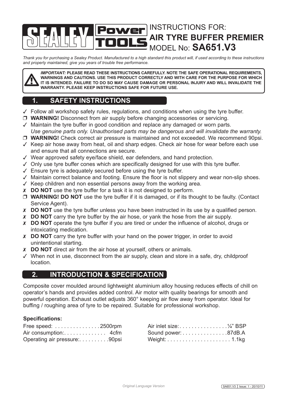 Sealey SA651 User Manual | 3 pages