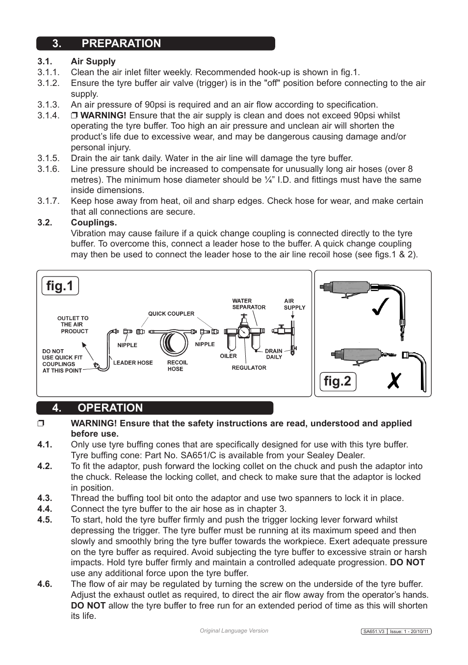 Fig.1 fig.2, Preparation 4. operation | Sealey SA651 User Manual | Page 2 / 3