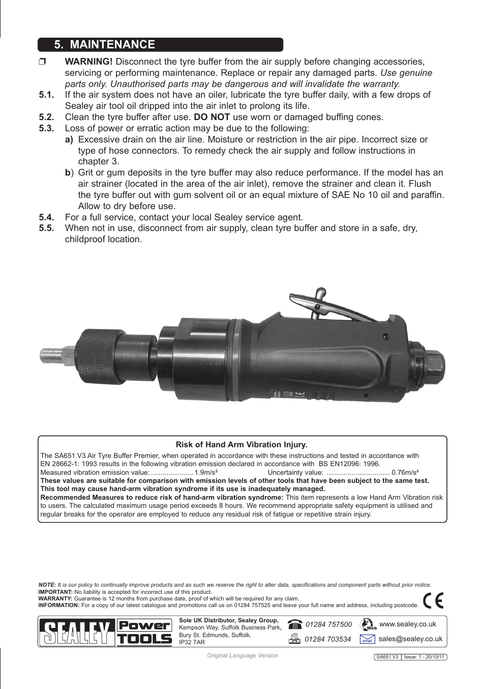 Maintenance | Sealey SA651 User Manual | Page 3 / 3