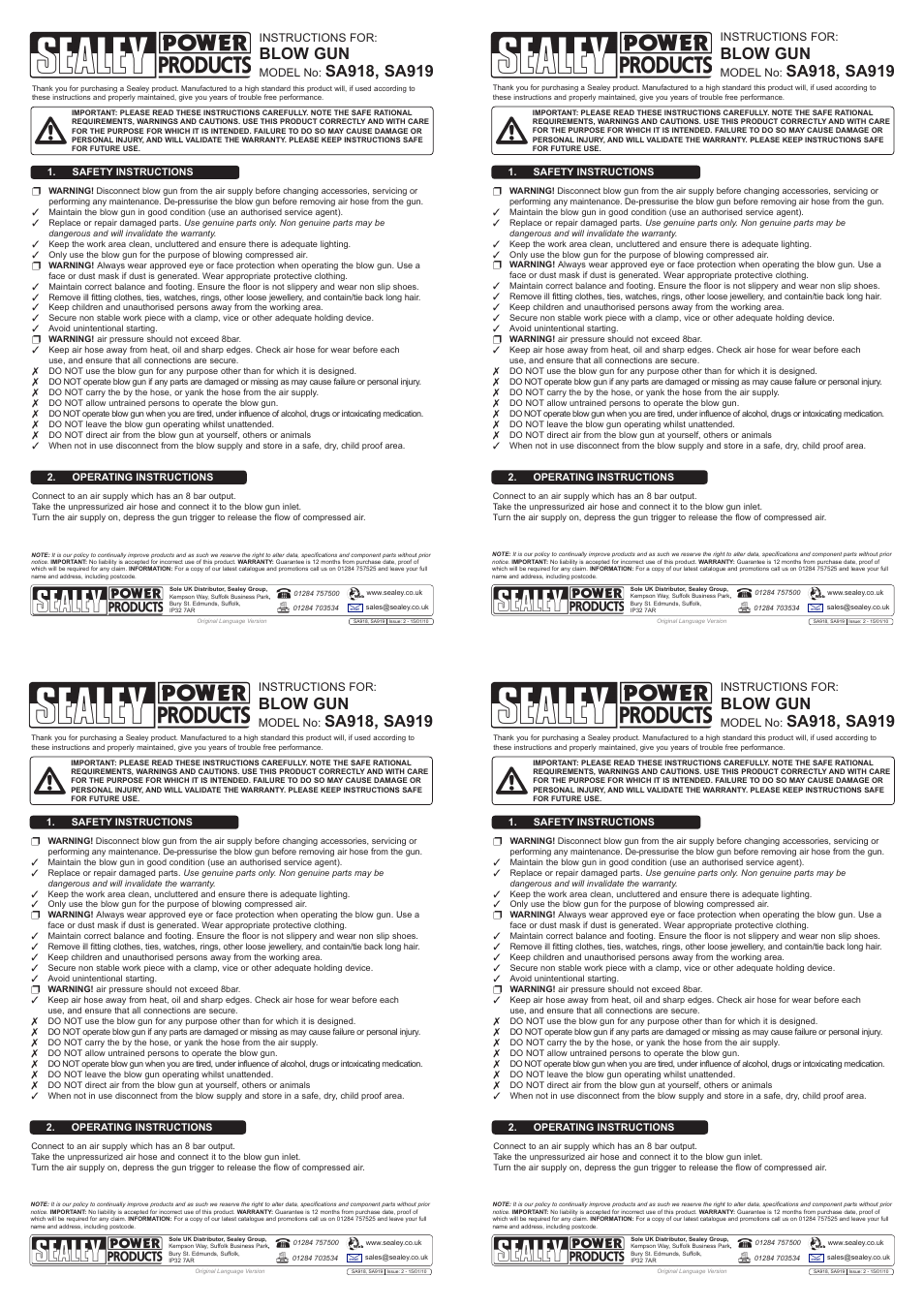 Sealey SA919 User Manual | 1 page