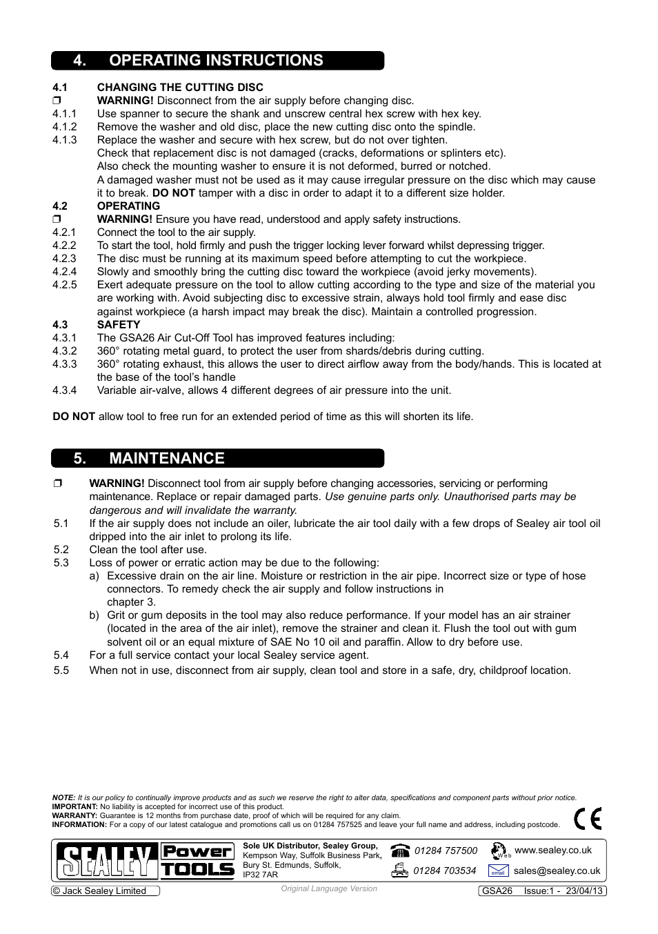 Maintenance 4. operating instructions | Sealey GSA26 User Manual | Page 3 / 4