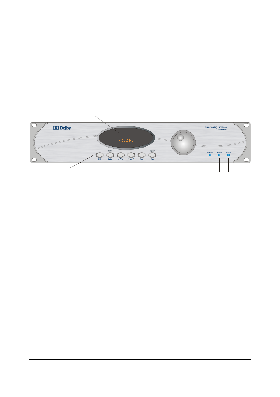 Remote connection ports, Front panel, 3 remote | Connection ports -4, 4 front, Panel -4, Figure 2-3 model 585 front panel -4, 4 front panel, 3 remote connection ports | Dolby Laboratories 585 User Manual | Page 14 / 42