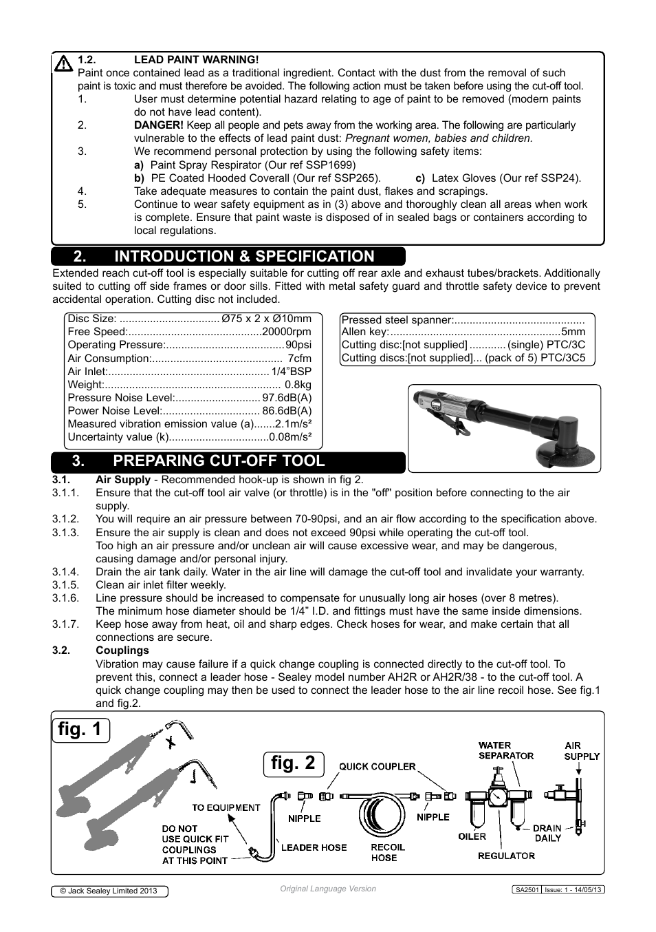 Fig. 1 fig. 2, Introduction & specification, Preparing cut-off tool | Sealey SA2501 User Manual | Page 2 / 4