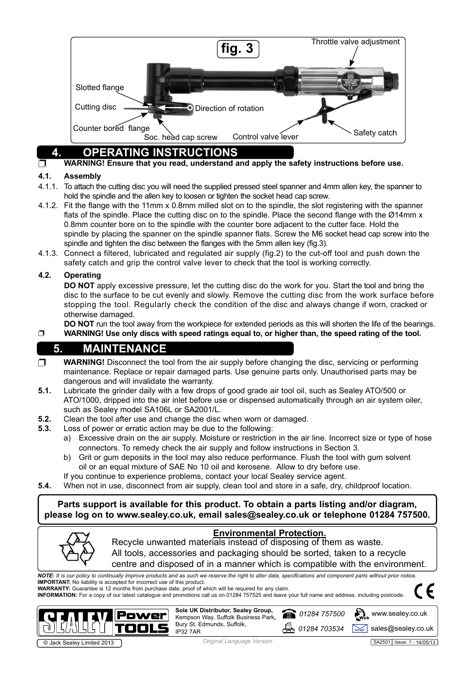 Fig. 3, Operating instructions 5. maintenance | Sealey SA2501 User Manual | Page 3 / 4