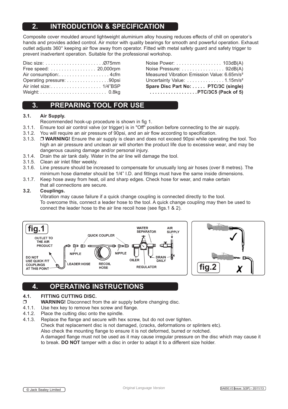 Fig.1 fig.2, Preparing tool for use 4. operating instructions, Introduction & specification | Sealey SA650 User Manual | Page 2 / 4