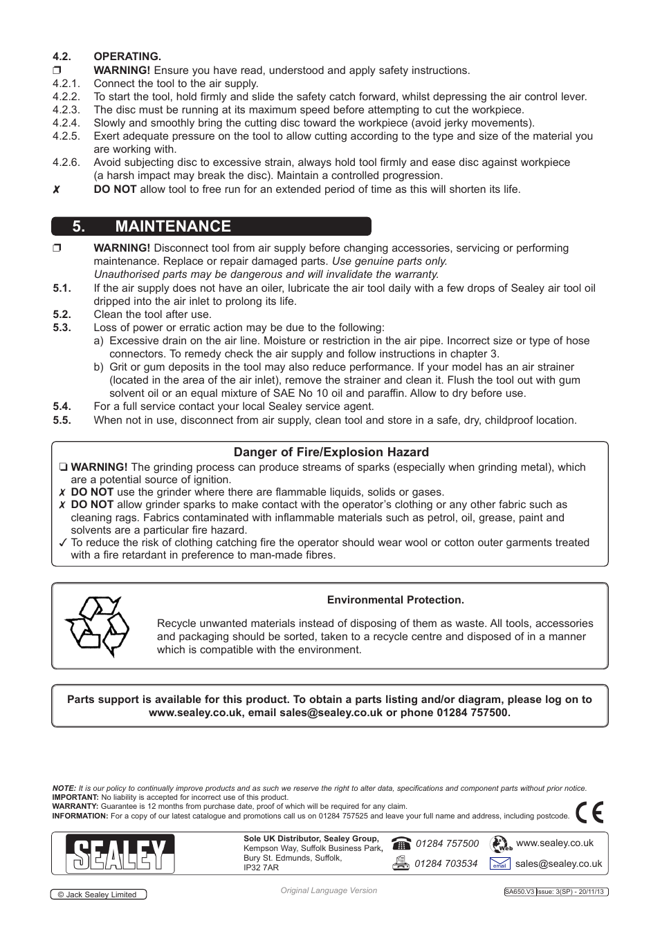 Maintenance, Danger of fire/explosion hazard | Sealey SA650 User Manual | Page 3 / 4