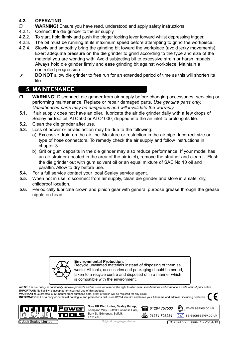 Maintenance | Sealey GSA674 User Manual | Page 3 / 4