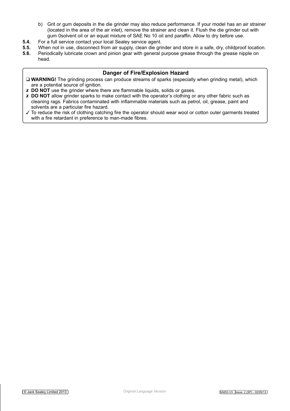 Danger of fire/explosion hazard | Sealey SA653 User Manual | Page 3 / 4