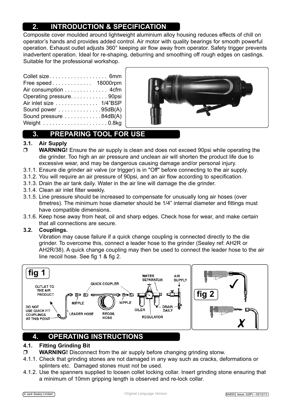 Fig 1 fig 2, Preparing tool for use 4. operating instructions, Introduction & specification | Sealey SA655 User Manual | Page 2 / 4