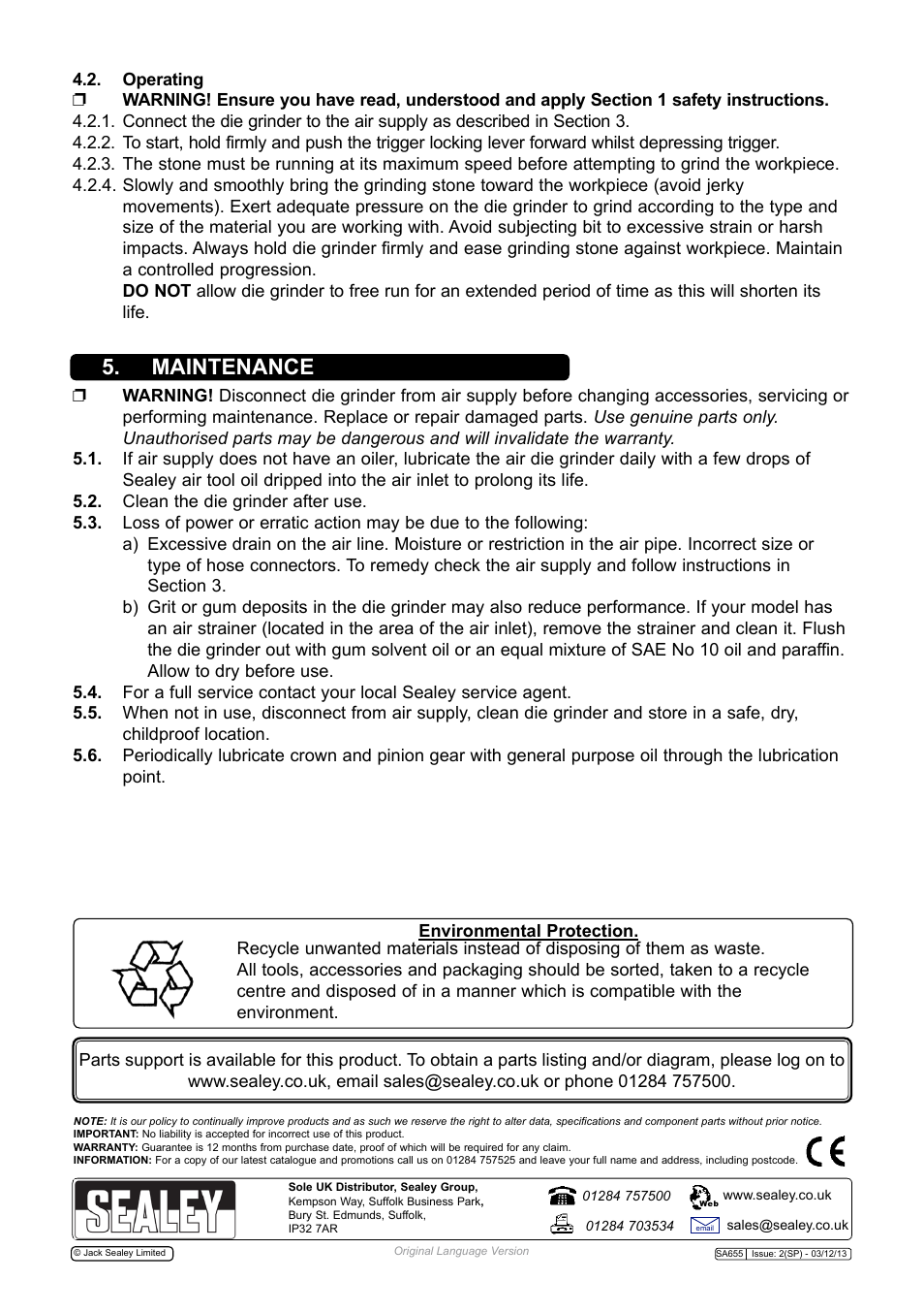 Maintenance | Sealey SA655 User Manual | Page 3 / 4