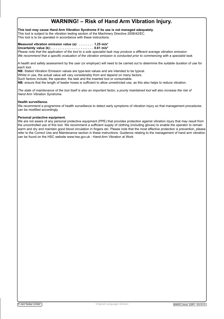 Warning! – risk of hand arm vibration injury | Sealey SA655 User Manual | Page 4 / 4