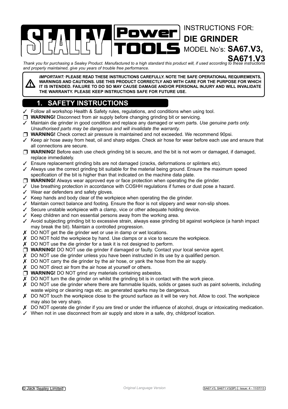 Sealey SA67 User Manual | 4 pages