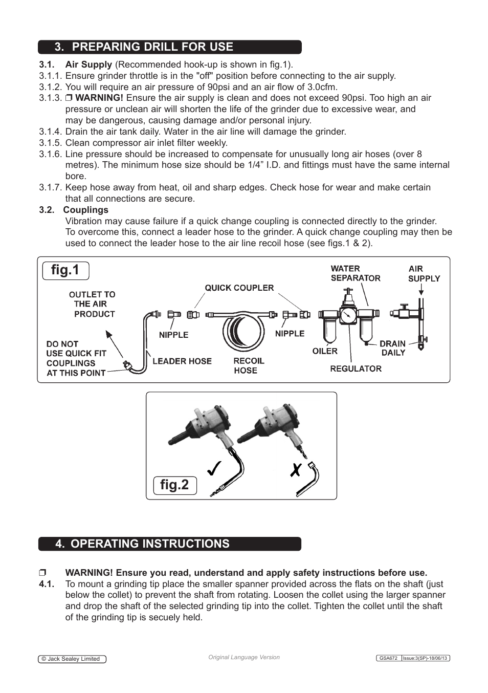 Fig.1 fig.2, Preparing drill for use 4. operating instructions | Sealey GSA672 User Manual | Page 2 / 4