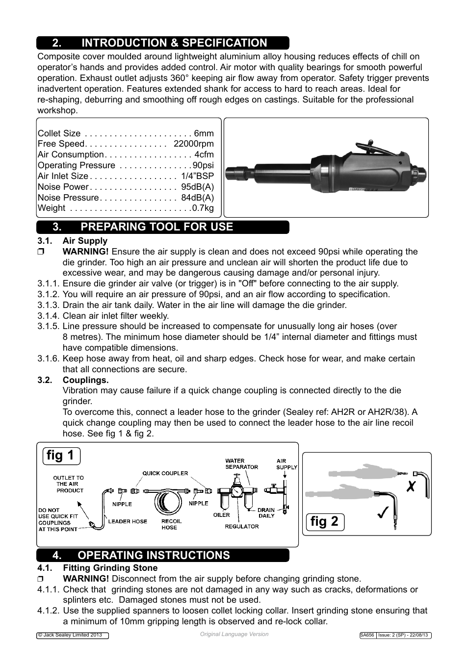 Fig 1 fig 2, Preparing tool for use 4. operating instructions, Introduction & specification | Sealey SA656 User Manual | Page 2 / 4