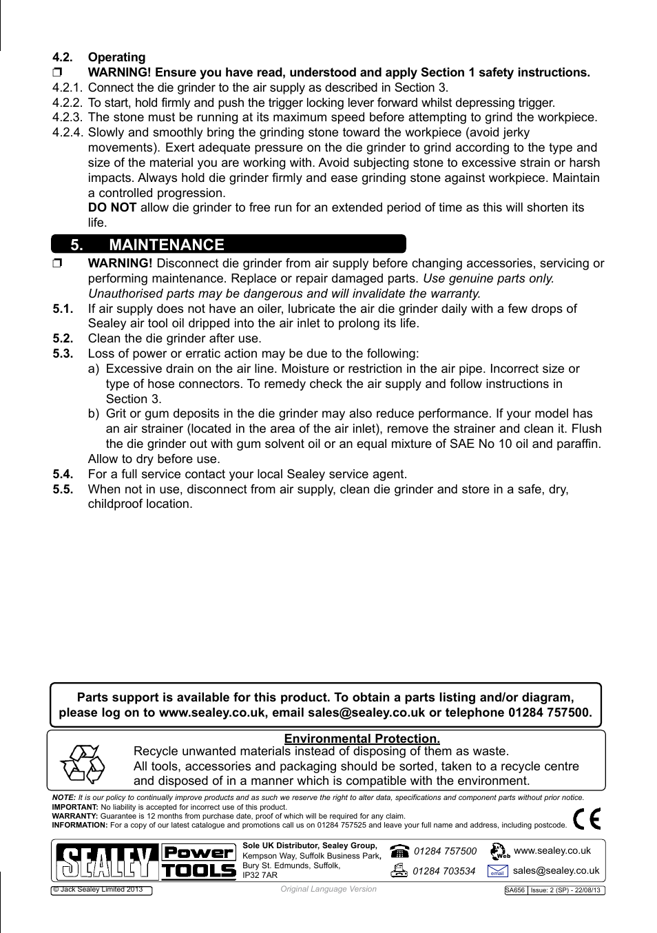 Maintenance | Sealey SA656 User Manual | Page 3 / 4