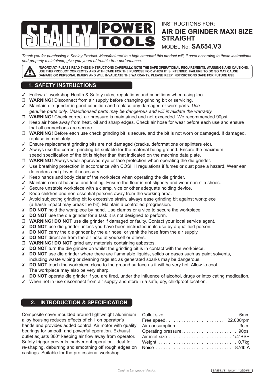 Sealey SA654 User Manual | 3 pages