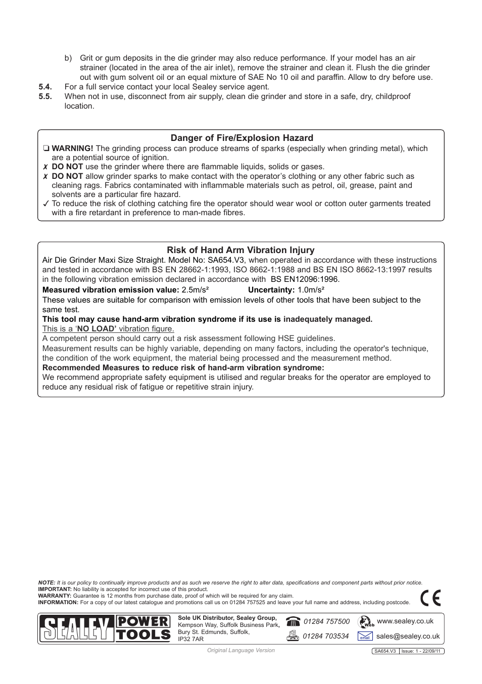 Danger of fire/explosion hazard, Risk of hand arm vibration injury | Sealey SA654 User Manual | Page 3 / 3