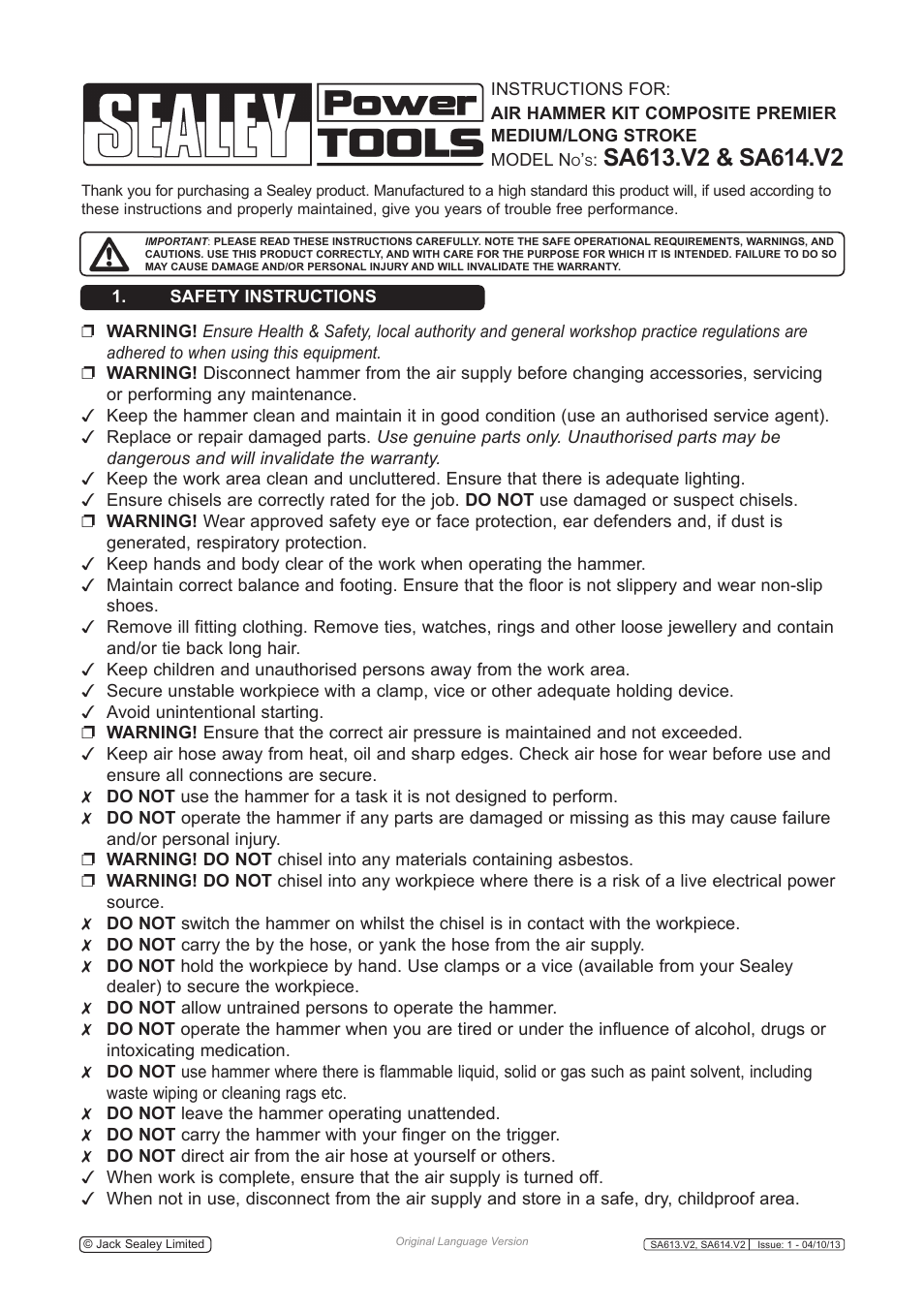 Sealey SA614 User Manual | 4 pages