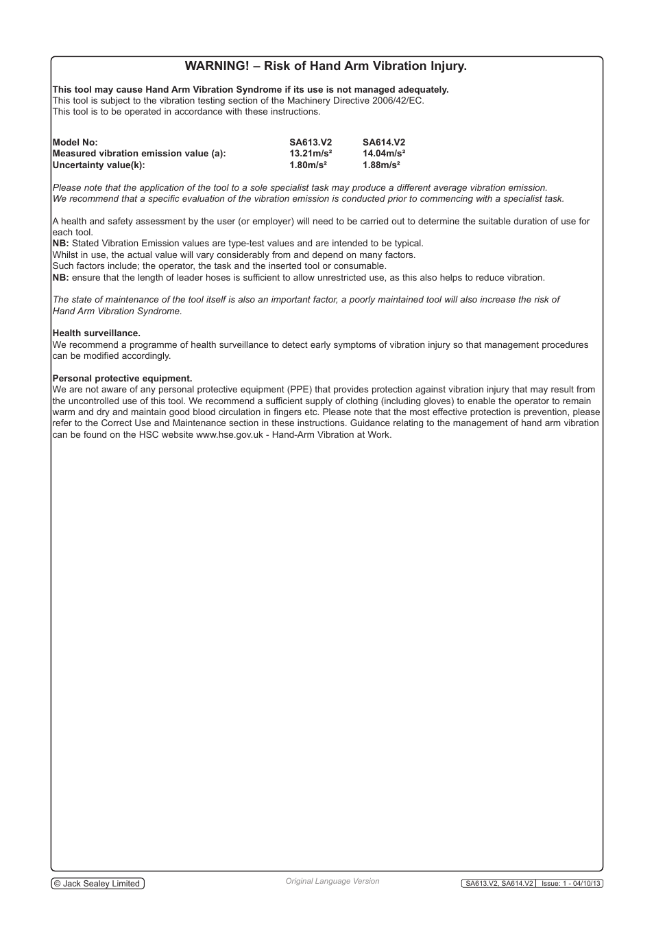 Warning! – risk of hand arm vibration injury | Sealey SA614 User Manual | Page 4 / 4