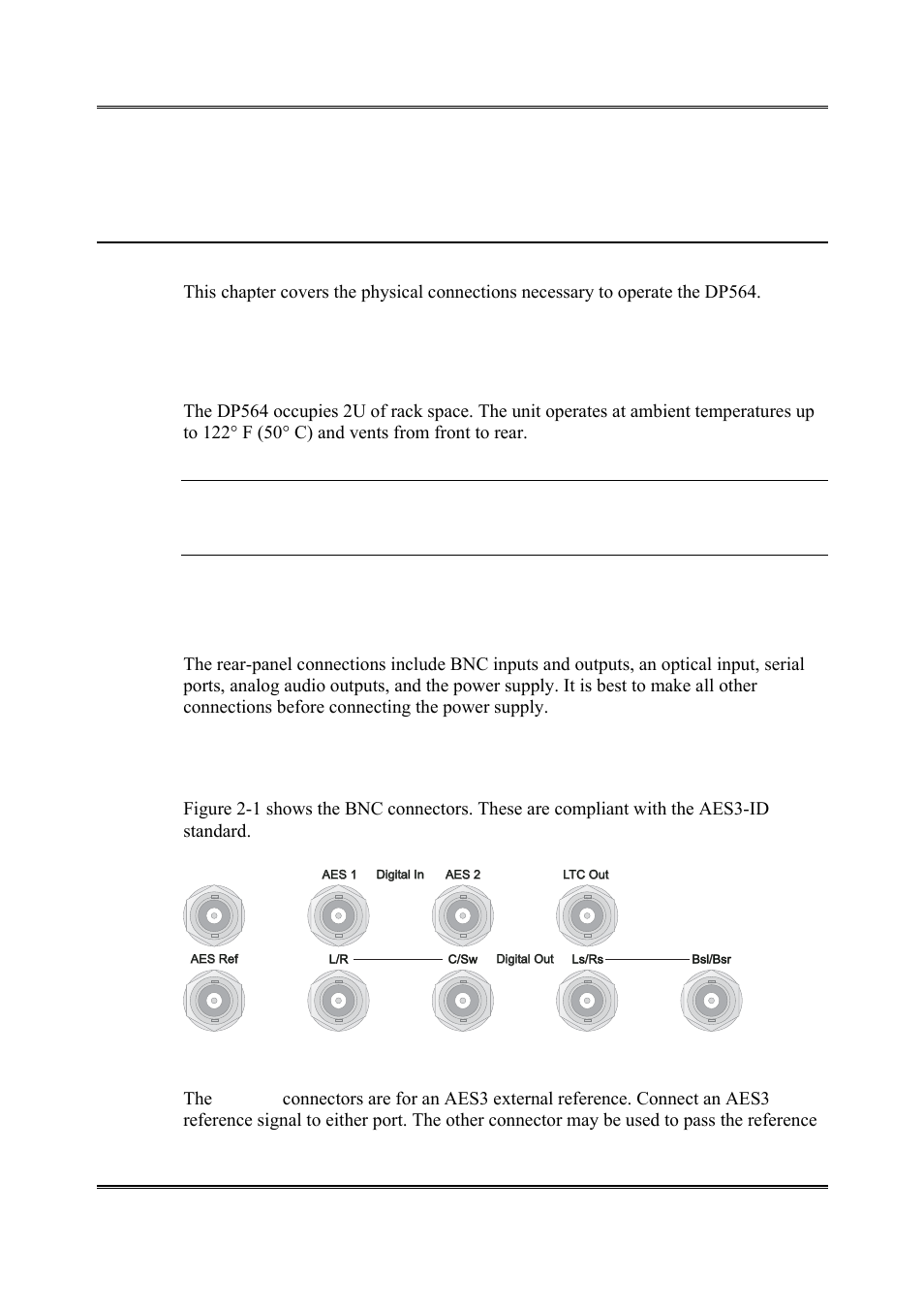 Chapter 2 installation, Mounting, Rear-panel connections | Bnc connectors, 1 mounting, 2 rear-panel connections, 1 bnc connectors | Dolby Laboratories DP564 User Manual | Page 15 / 101