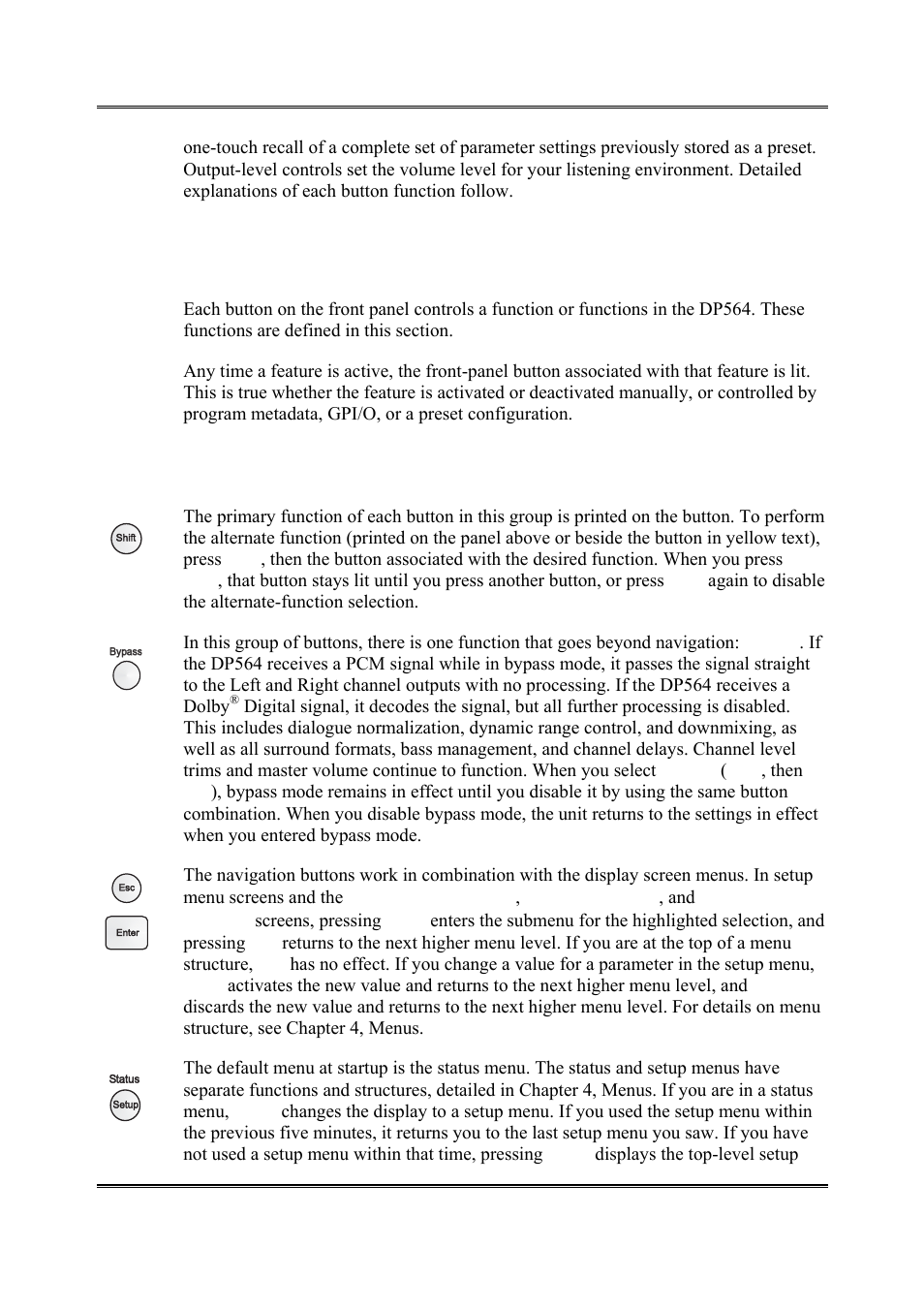 Button functions, Navigation, 2 button functions | 1 navigation | Dolby Laboratories DP564 User Manual | Page 20 / 101