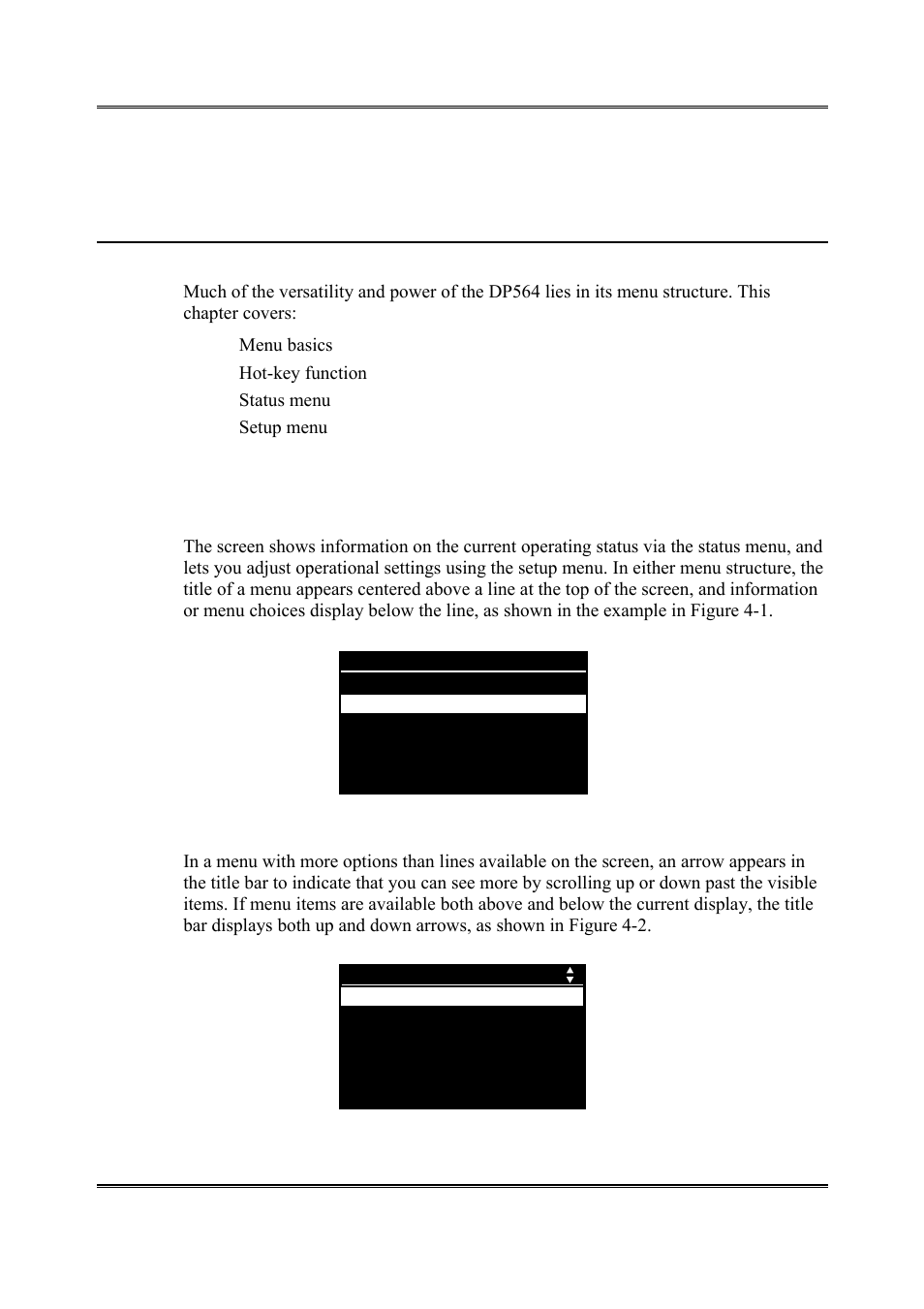 Chapter 4 menus, Menu basics, 1 menu basics | Dolby Laboratories DP564 User Manual | Page 27 / 101