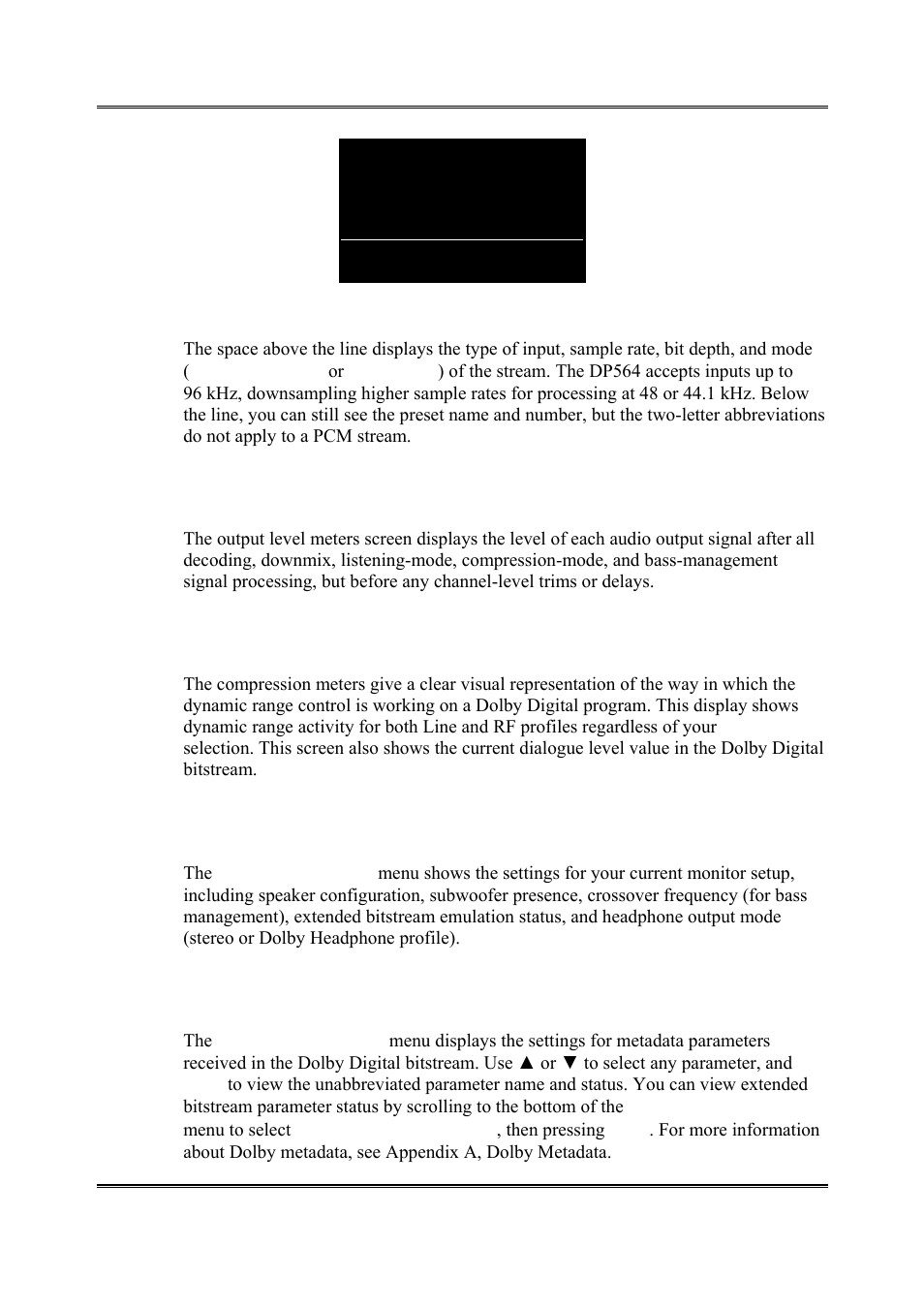 Output level meters, Compression meters, Monitor status | Metadata status | Dolby Laboratories DP564 User Manual | Page 30 / 101