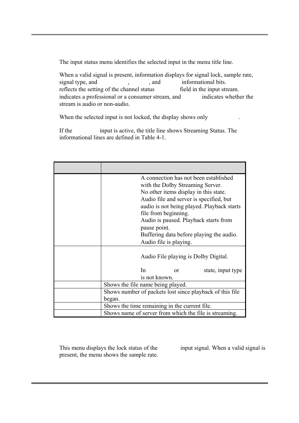 Input status, Aes reference input status | Dolby Laboratories DP564 User Manual | Page 31 / 101