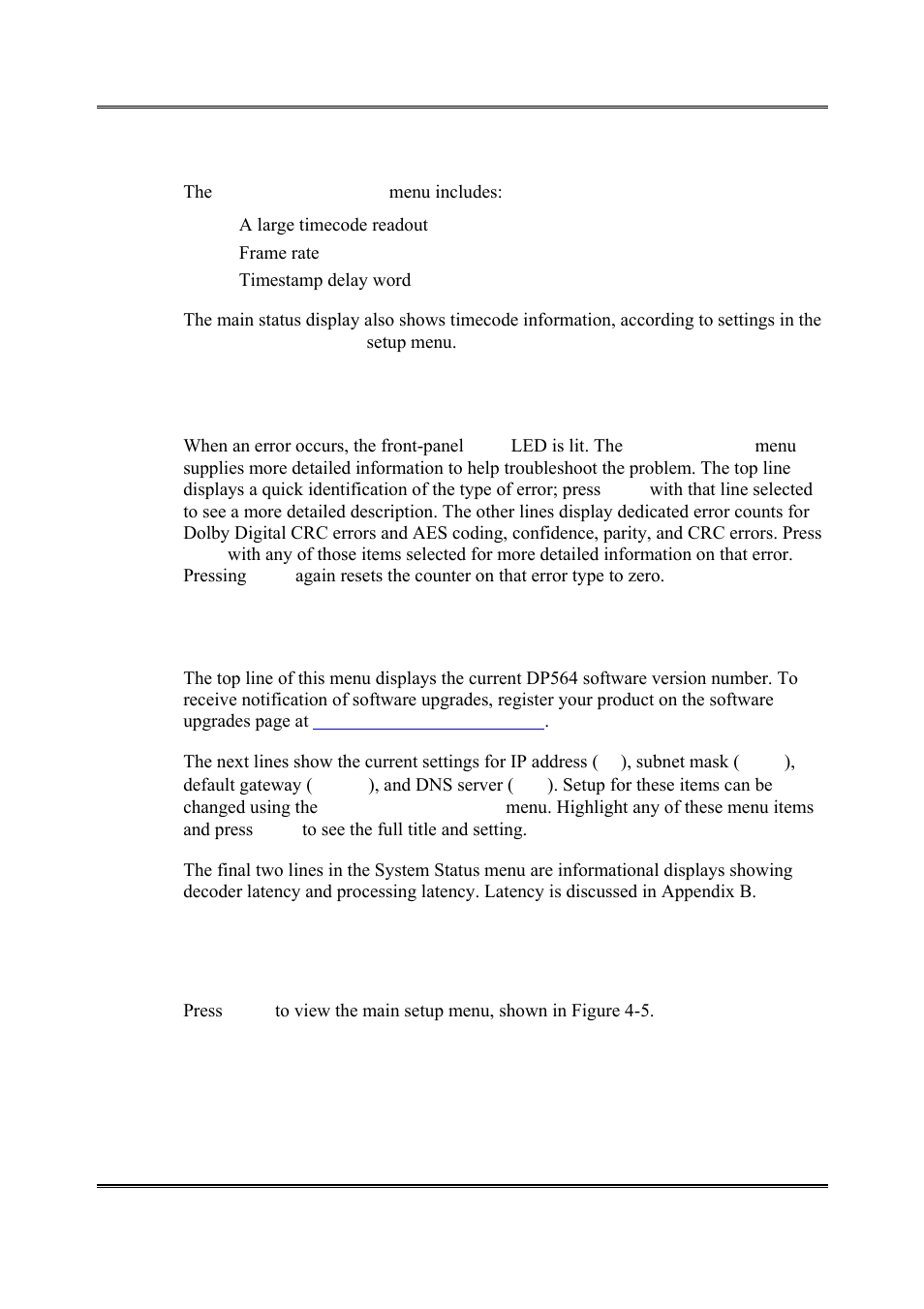 Timecode status, Error statistics, System status | Setup menu, 4 setup menu | Dolby Laboratories DP564 User Manual | Page 32 / 101