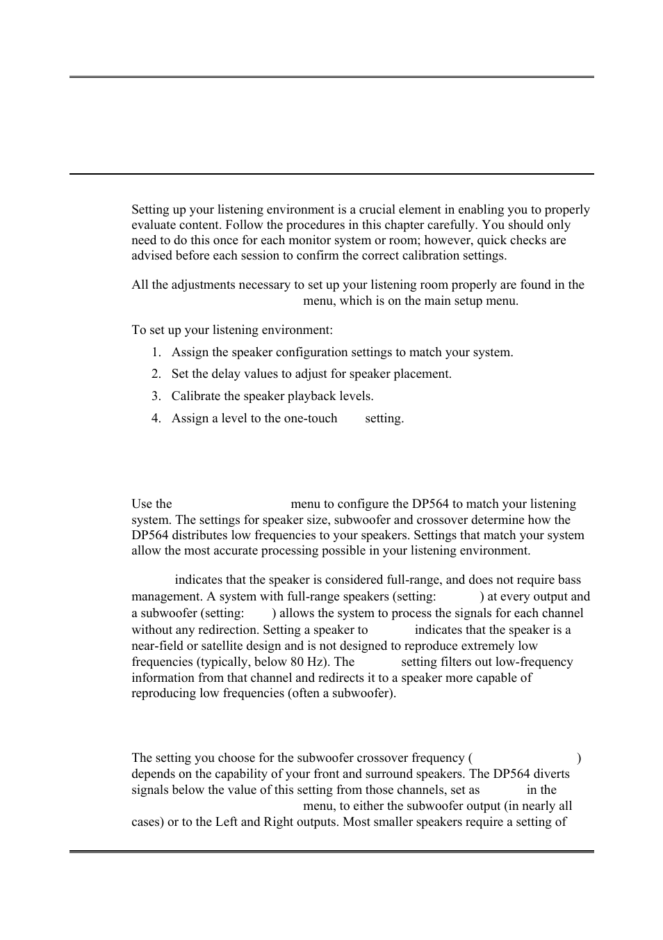 Chapter 5 listening room calibration, Speaker configuration settings, 1 speaker configuration settings | Dolby Laboratories DP564 User Manual | Page 45 / 101