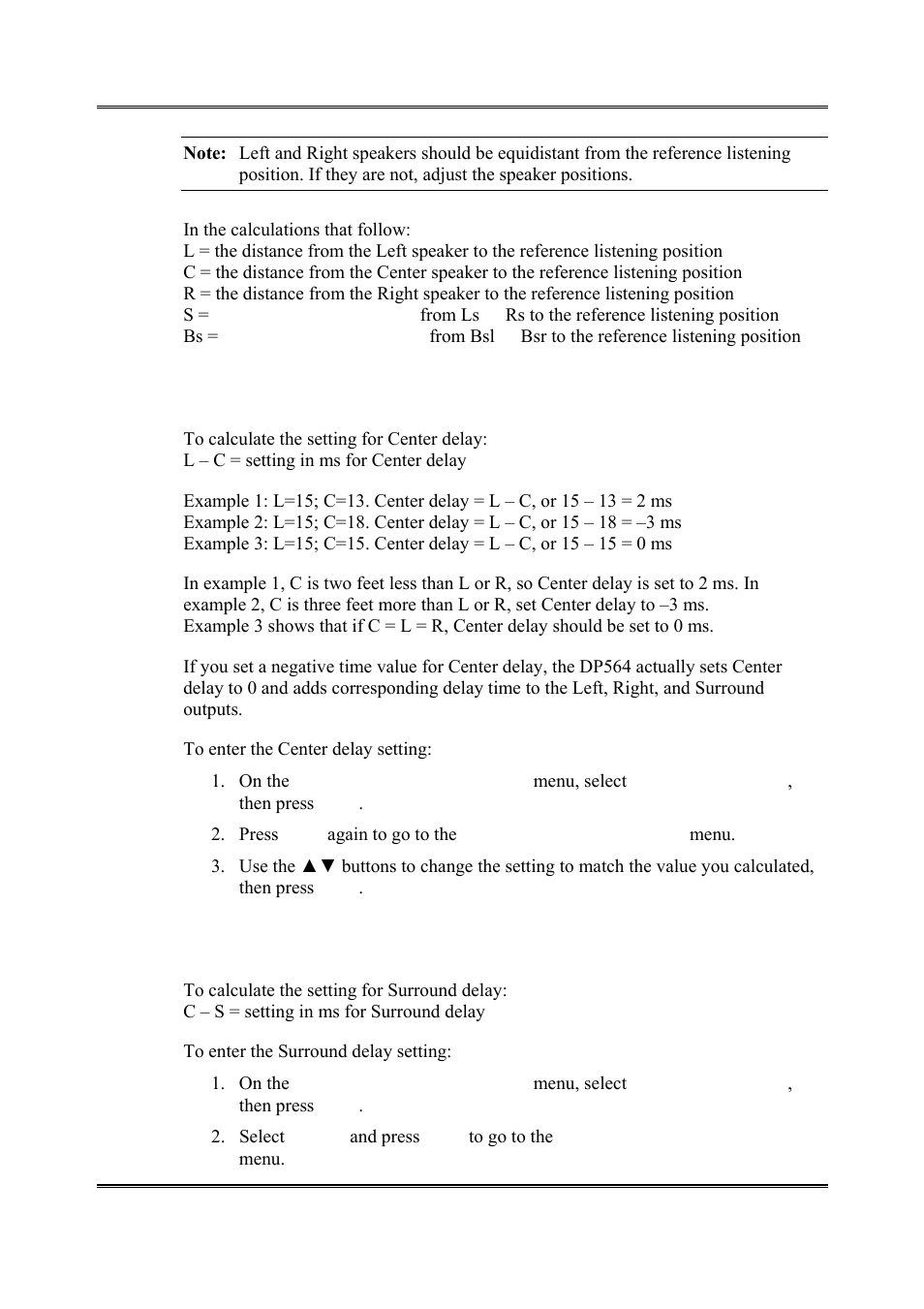 Center delay, Surround delay | Dolby Laboratories DP564 User Manual | Page 47 / 101