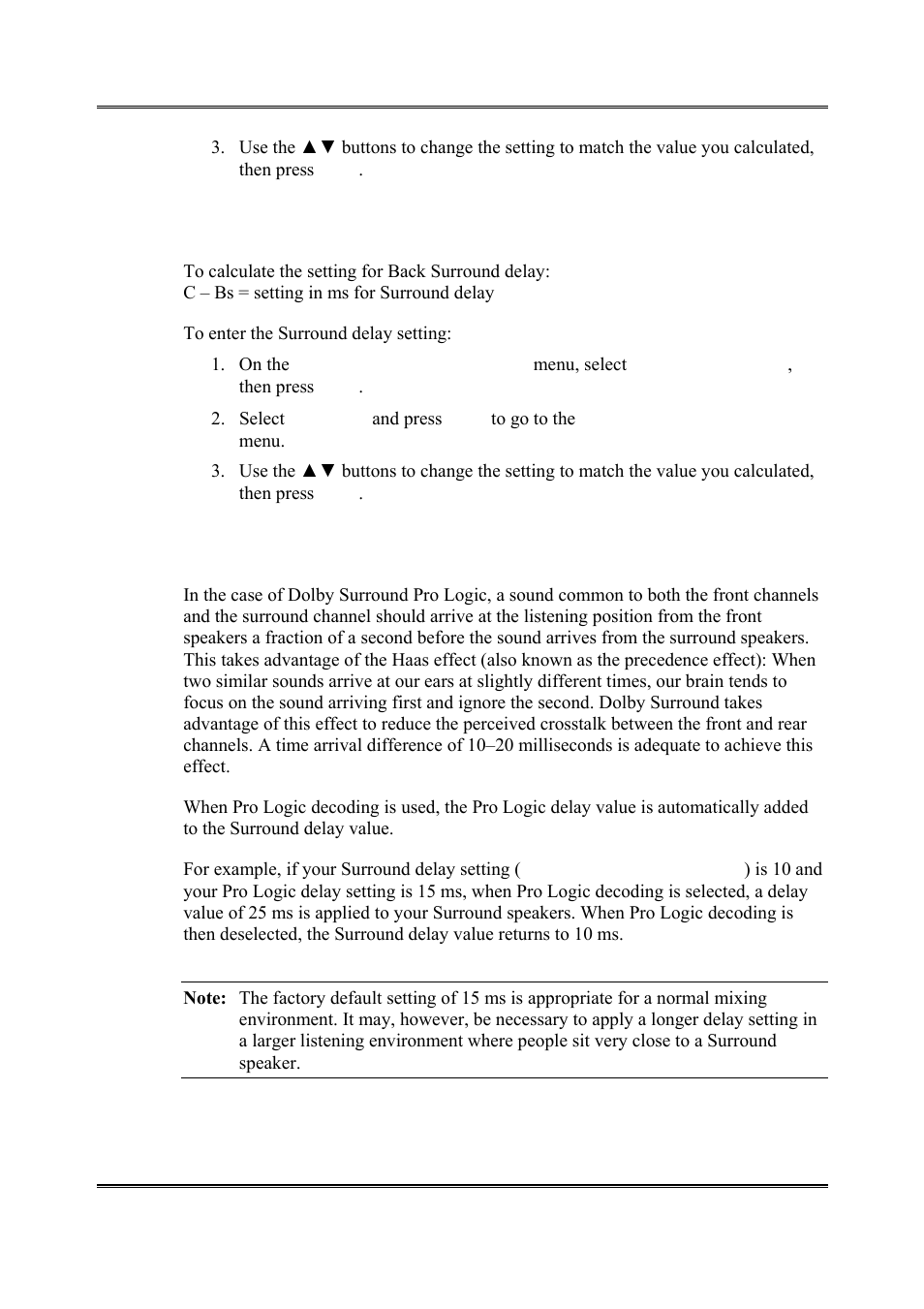 Back surround delay, Pro logic delay | Dolby Laboratories DP564 User Manual | Page 48 / 101