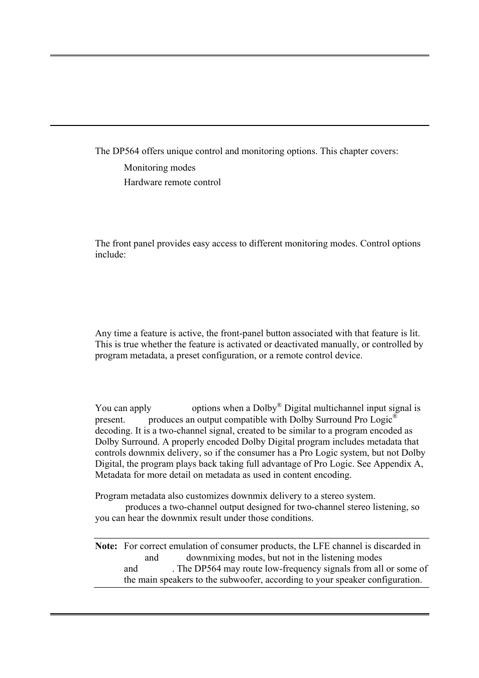 Chapter 6 operating modes, Monitoring modes, Downmix | 1 monitoring modes | Dolby Laboratories DP564 User Manual | Page 55 / 101