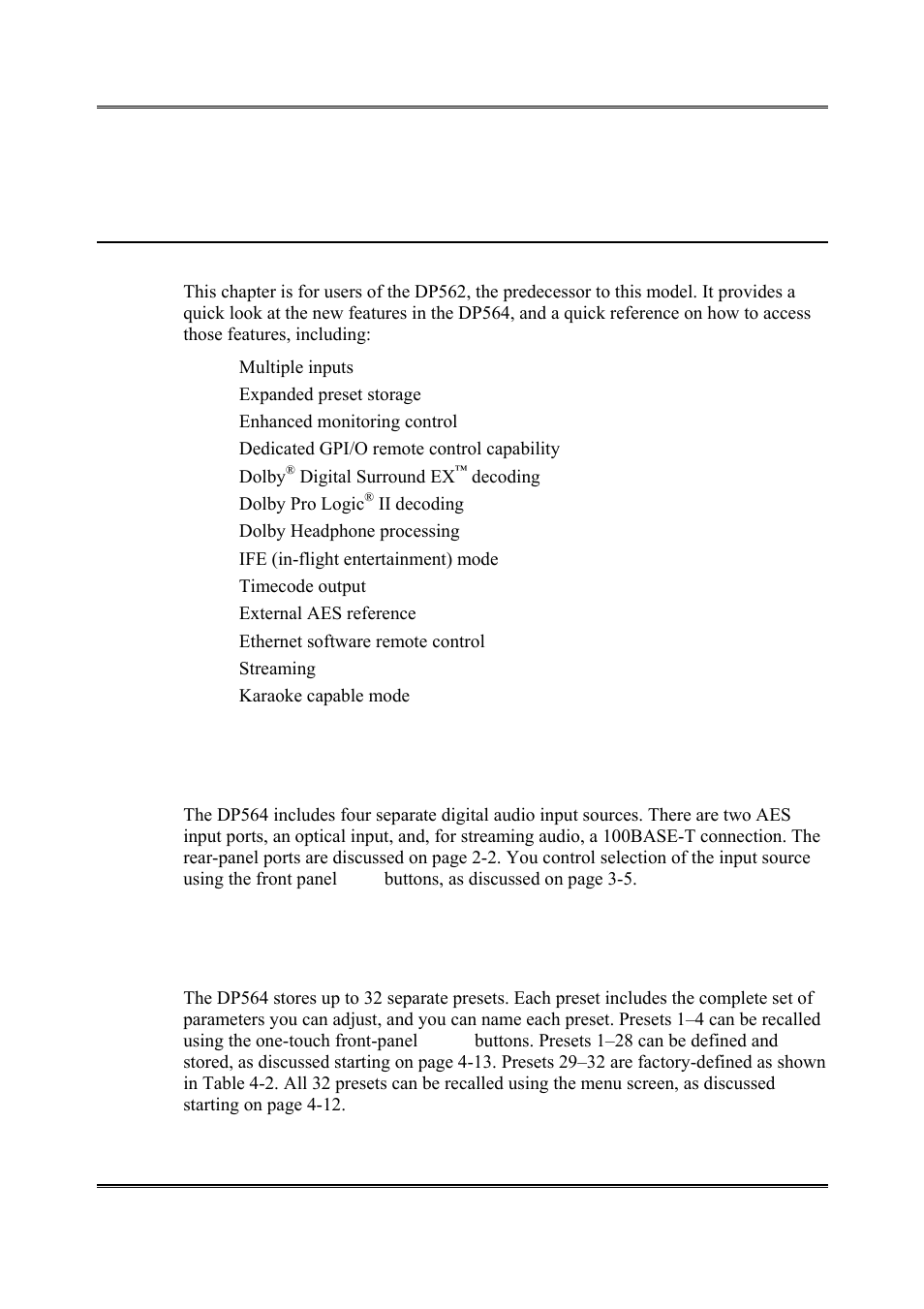 Chapter 7 using new features, Multiple inputs, Expanded preset storage | 1 multiple inputs, 2 expanded preset storage | Dolby Laboratories DP564 User Manual | Page 63 / 101