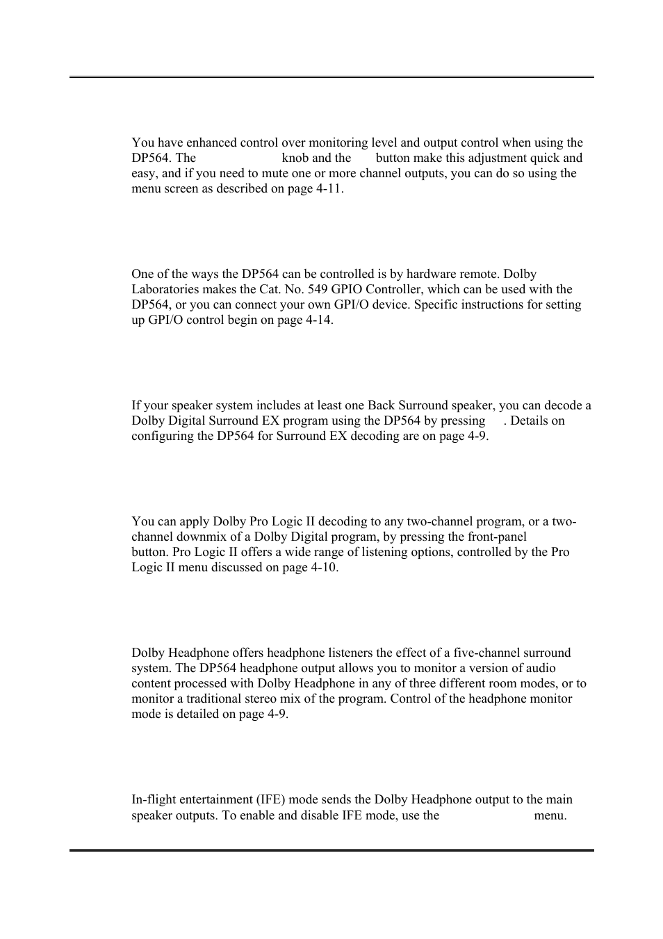 Enhanced monitoring control, Dedicated gpi/o remote control capability, Dolby digital surround ex decoding | Dolby pro logic ii decoding, Dolby headphone processing, Ife mode, 3 enhanced monitoring control, 4 dedicated gpi/o remote control capability, 5 dolby digital surround ex decoding, 6 dolby pro logic ii decoding | Dolby Laboratories DP564 User Manual | Page 64 / 101