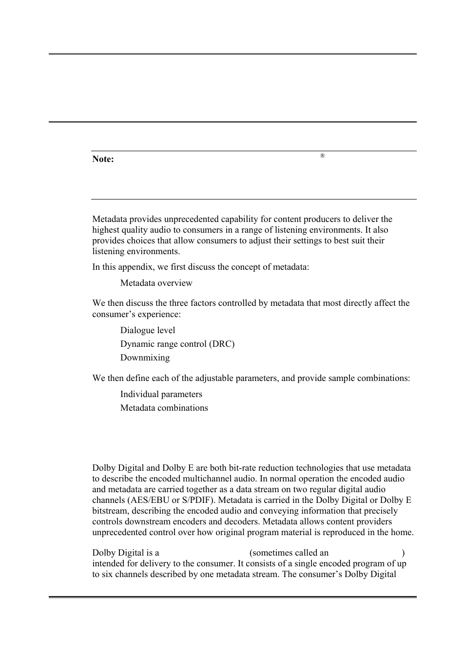 Appendix a metadata, A.1 metadata overview | Dolby Laboratories DP564 User Manual | Page 71 / 101