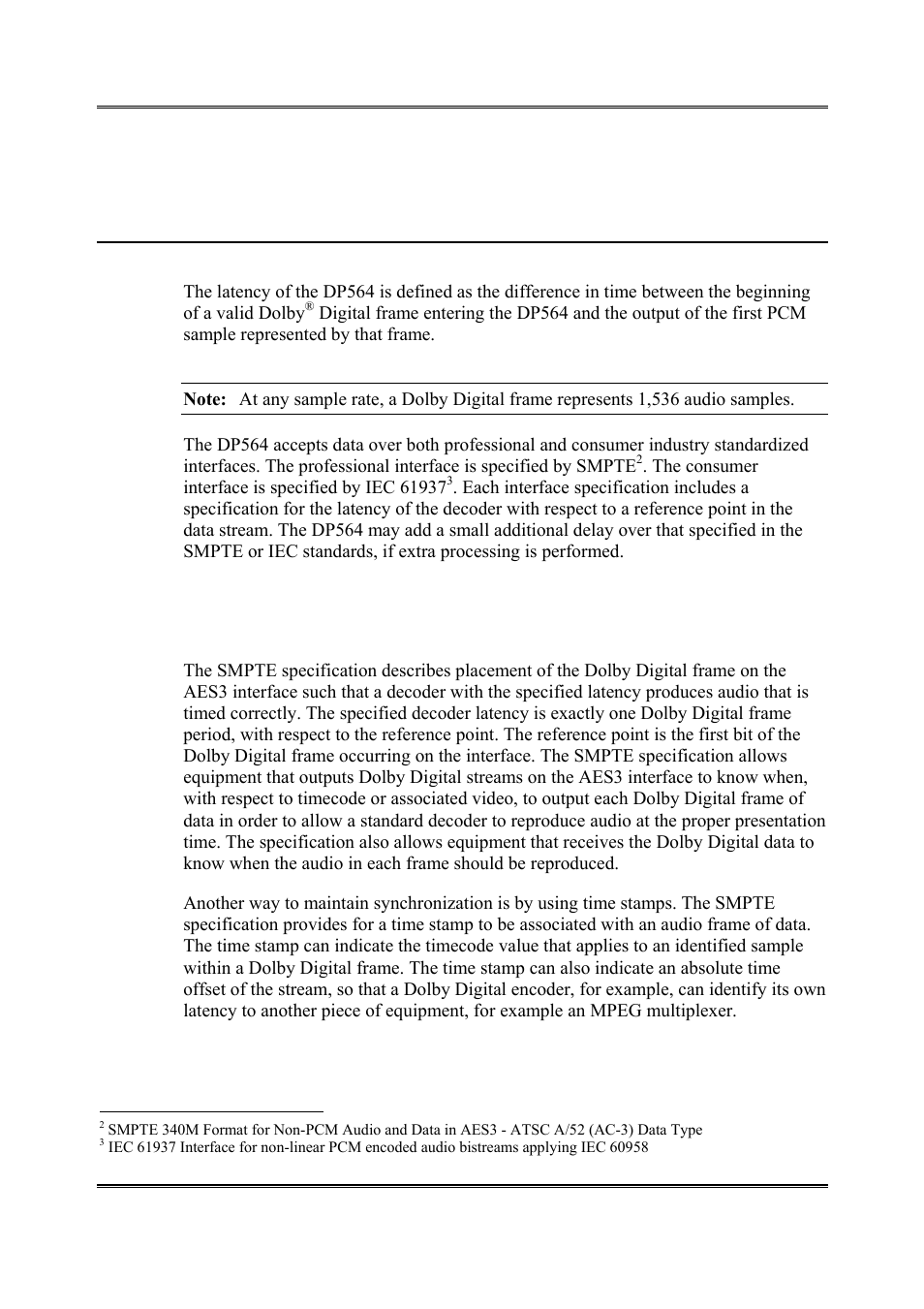 Appendix b latency values, B.1 smpte specification (professional aes3) | Dolby Laboratories DP564 User Manual | Page 95 / 101