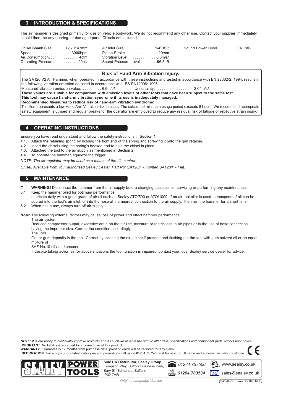 Introduction & specifications | Sealey SA120 User Manual | Page 2 / 2