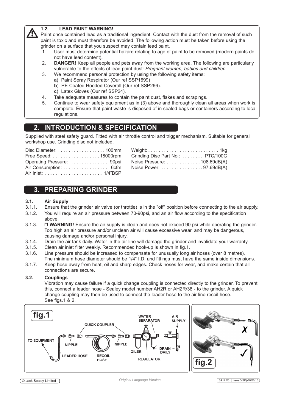 Fig.1, Fig.2, Introduction & specification | Preparing grinder | Sealey SA14 User Manual | Page 2 / 4