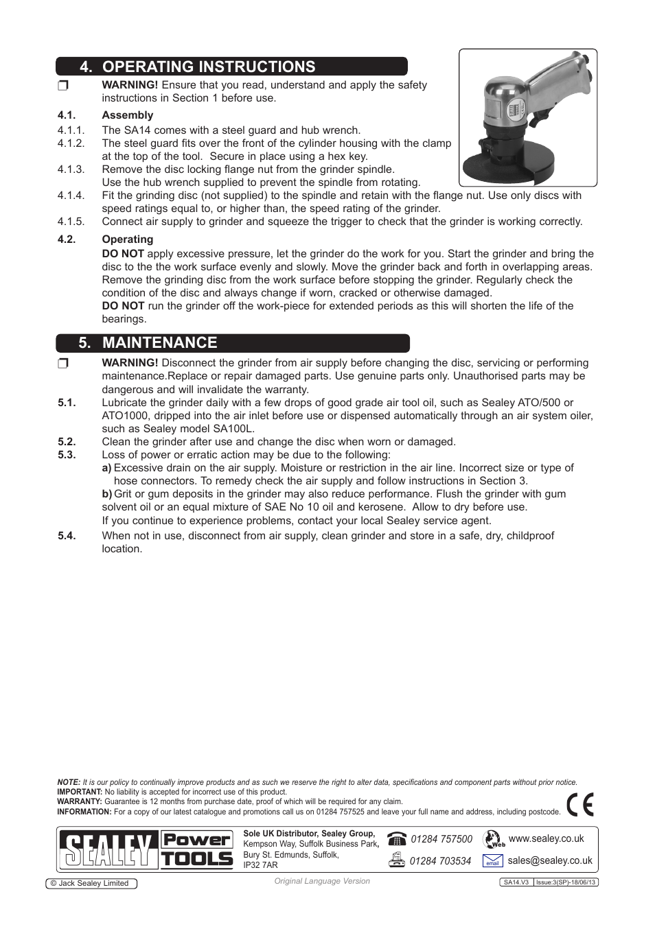 Operating instructions 5. maintenance | Sealey SA14 User Manual | Page 3 / 4