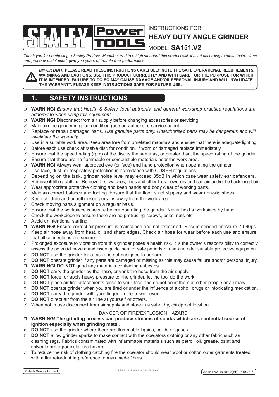 Sealey SA151 User Manual | 4 pages