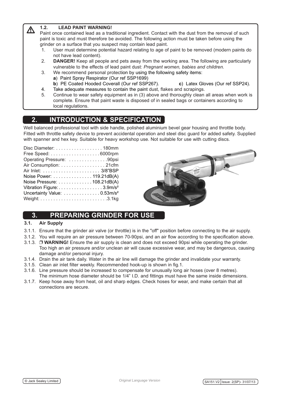 Introduction & specification, Preparing grinder for use | Sealey SA151 User Manual | Page 2 / 4