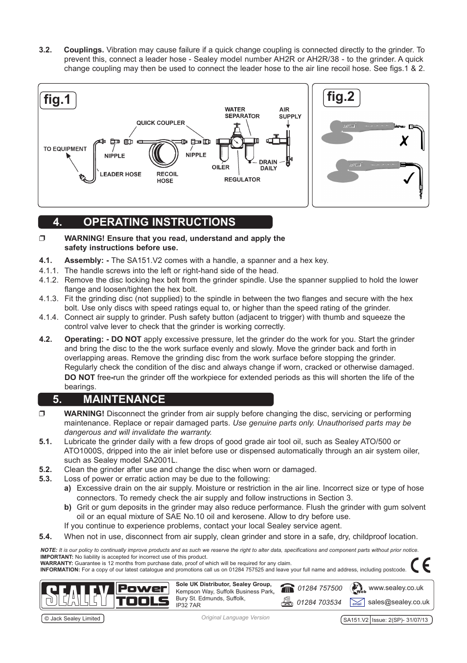 Fig.1, Fig.2, Operating instructions 5. maintenance | Sealey SA151 User Manual | Page 3 / 4