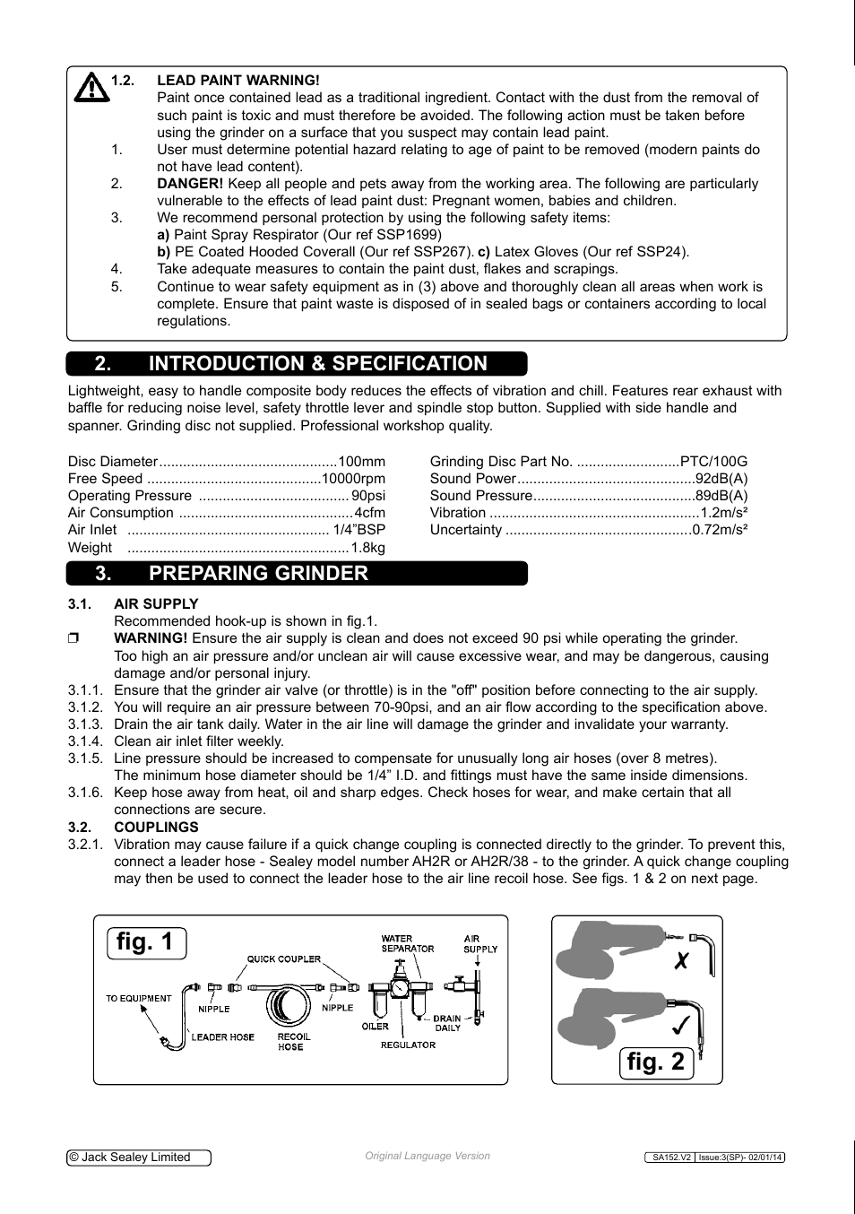 Fig. 1, Fig. 2, Preparing grinder 2. introduction & specification | Sealey SA152 User Manual | Page 2 / 4