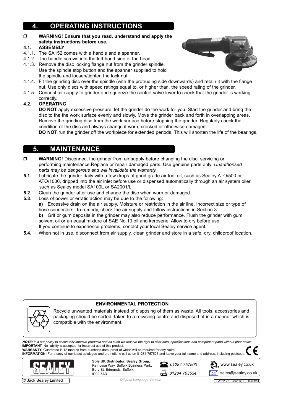 Operating instructions 5. maintenance | Sealey SA152 User Manual | Page 3 / 4