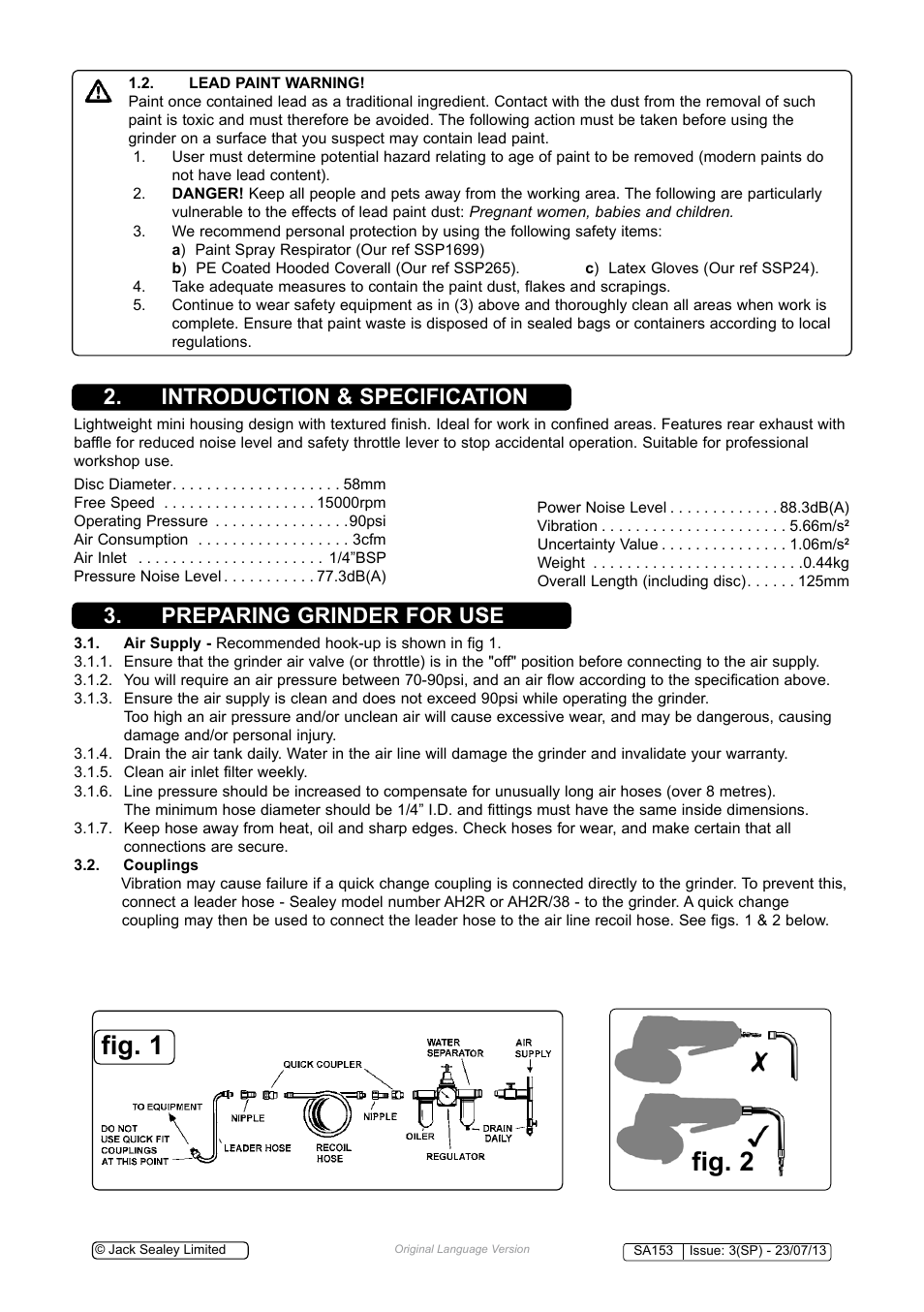 Fig. 1 fig. 2, Introduction & specification, Preparing grinder for use | Sealey SA153 User Manual | Page 2 / 4