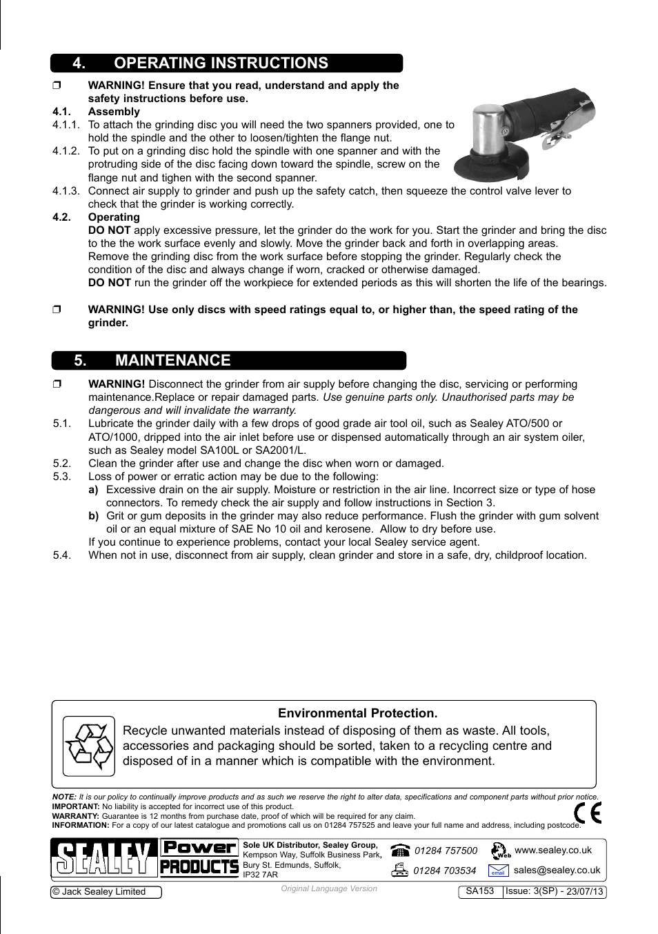 Operating instructions 5. maintenance | Sealey SA153 User Manual | Page 3 / 4