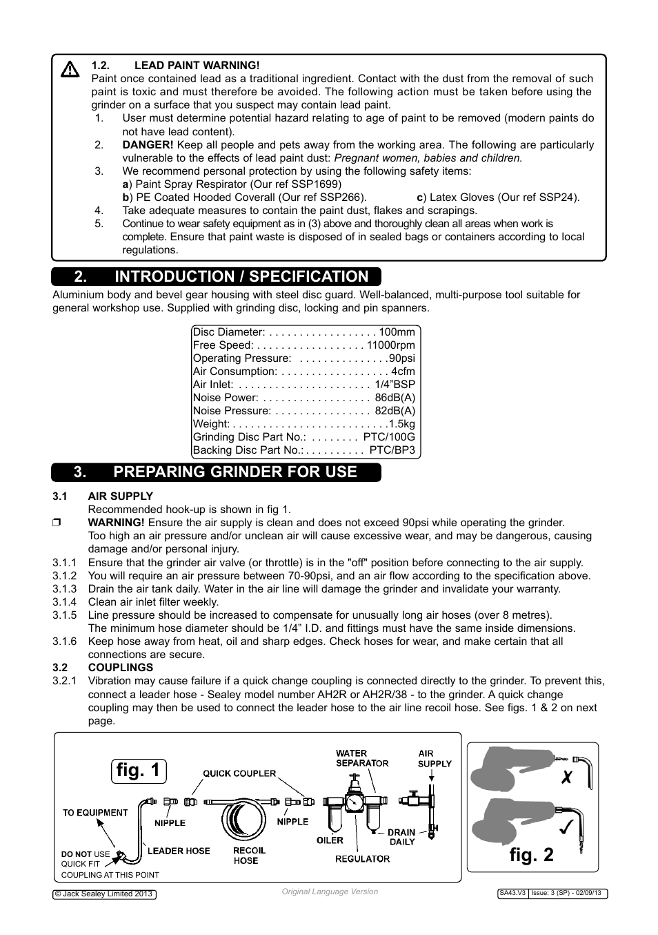 Fig. 1, Fig. 2, Introduction / specification | Preparing grinder for use | Sealey SA43 User Manual | Page 2 / 4