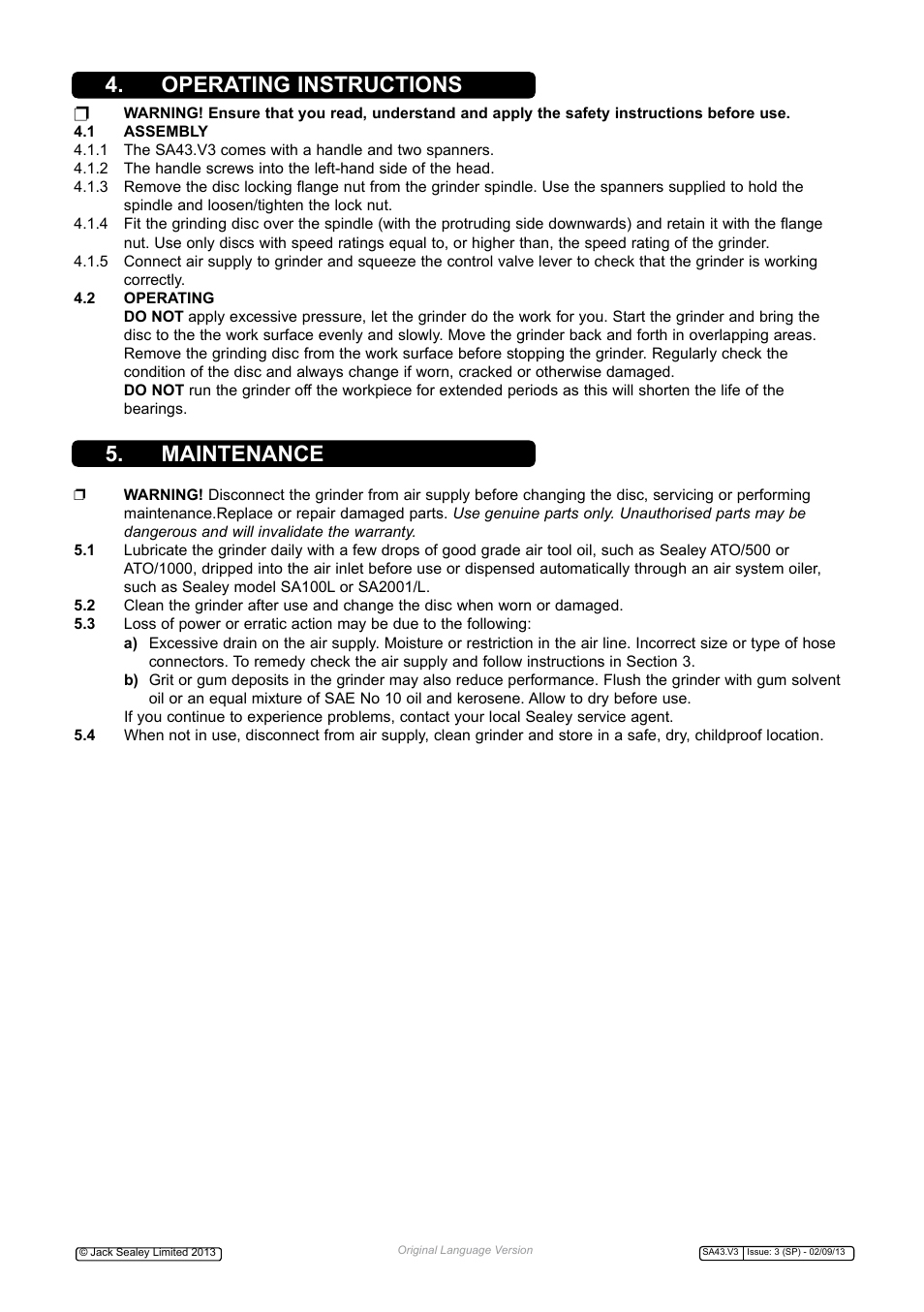 Operating instructions 5. maintenance | Sealey SA43 User Manual | Page 3 / 4