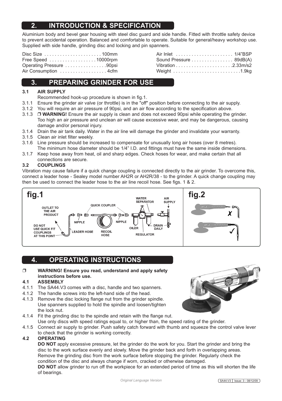 Fig.2 fig.1, Introduction & specification | Sealey SA44 User Manual | Page 2 / 3